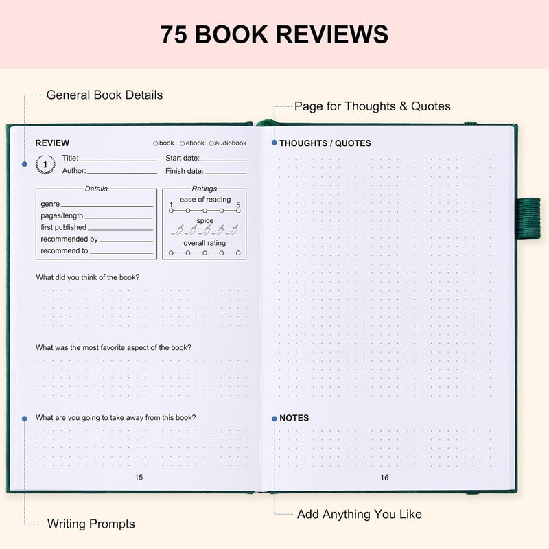 COMKISO Store Reading Journal for Book Lovers - 75 Book Journal Reading Log for Book Tracking, A5 Linen Book Review Journal with TBR Tracker List, Ratings, Challenges, Prompts, and Index - Green - Image 4